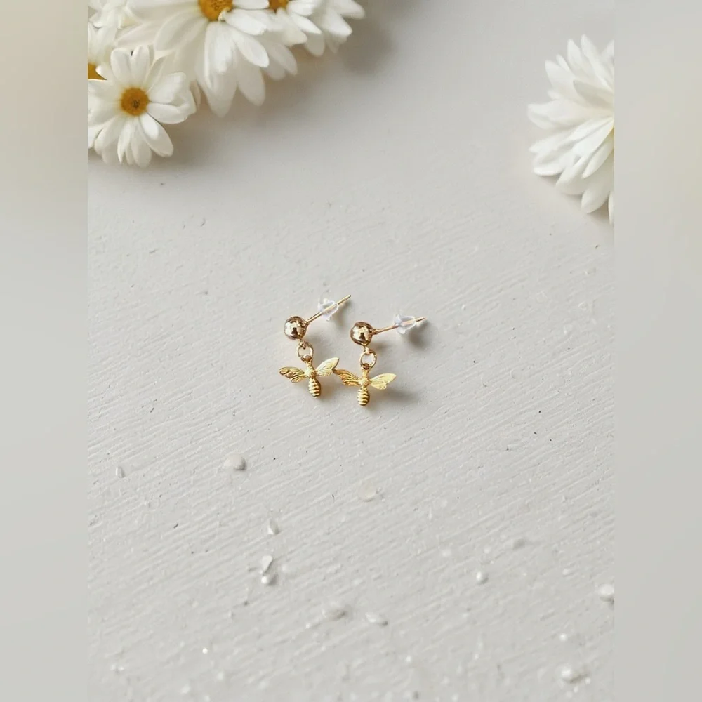 Tiny Gold Toned Bee Drop Earrings - Dainty Honeybee Charms Teeny Tiny